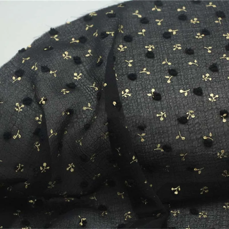 

150cm width Black gold bronzing small cherry solid polka dot cut flower texture crepe chiffon Chinese dress shirt fabric