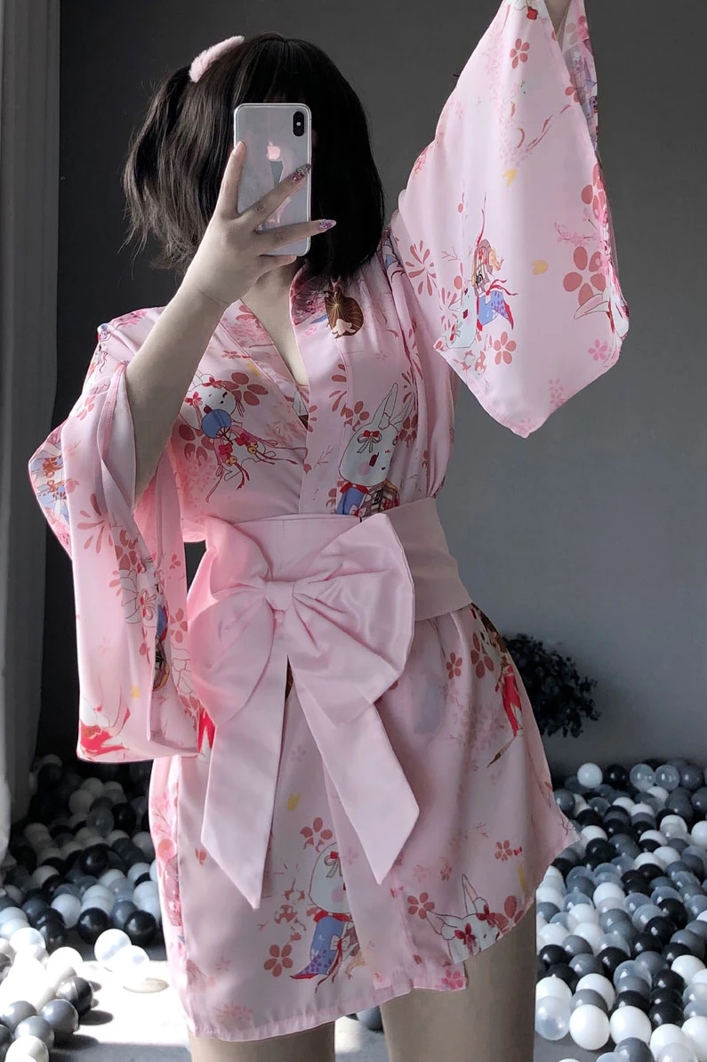 

Japanese Sexy Sakura Kimono Uniform Kawaii Lingerie Robe Floral Bathrobe Short Robe Nightwear Fashion Dressing Gown for Women
