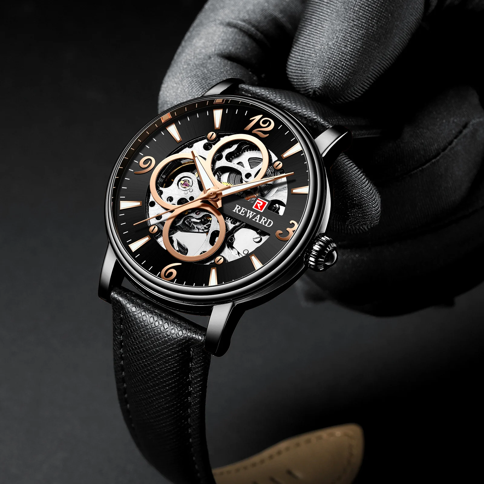 

Business Leather Strap Automatic Mechanical Men's Watches Waterproof Hollow Out Transparent Bottom Watch For Men Wristwatch