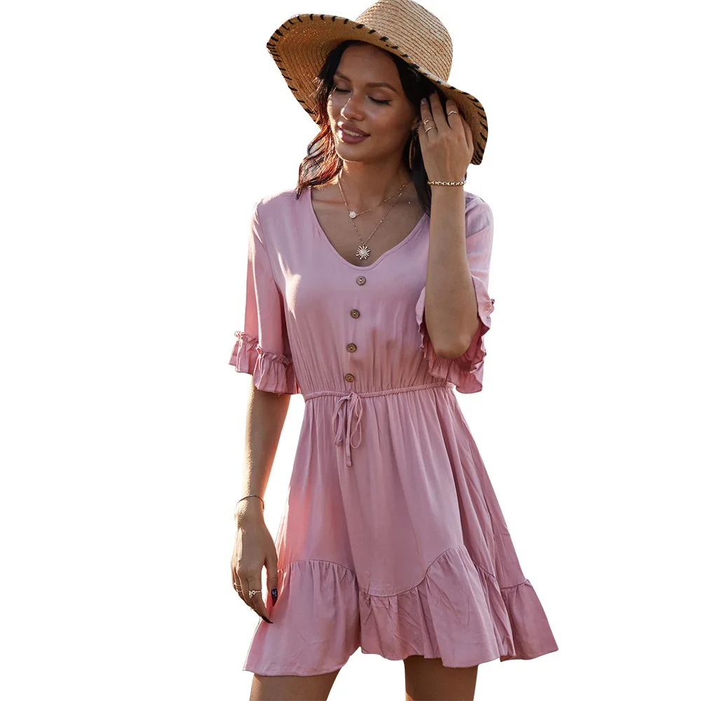 

Summer V-neck light pink Button dress Casual solid high-waist lace-up ruffled women dress Elegant office ladies short dress new