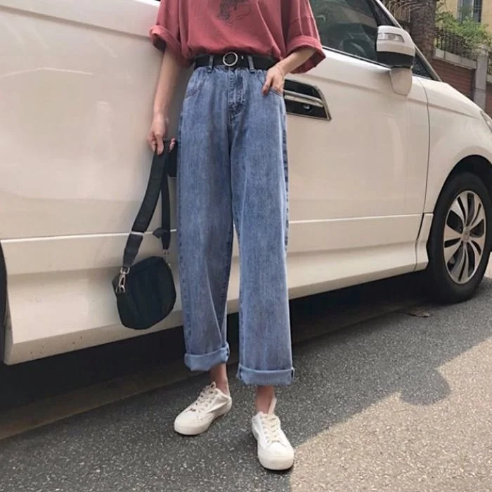 

Boyfriend Jeans Women Summer Denim Solid High Taille Loose Forced Straight Korean Streetwear Lady Broek Vintage Harem Long Broek