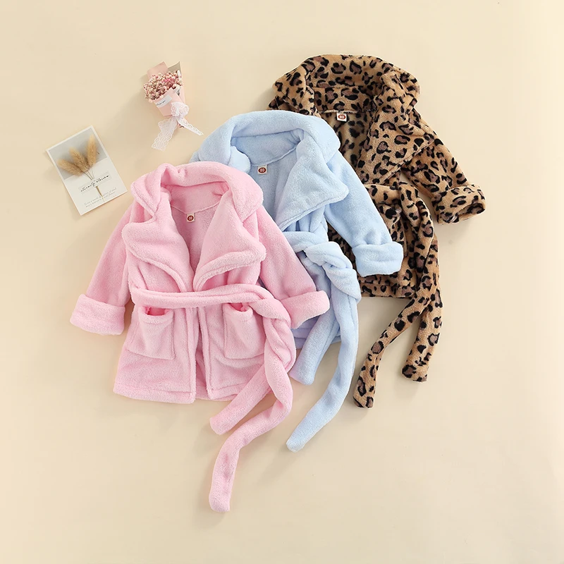 

Kids Boys Girls Autumn Lovely Flannel Bathrobe Coat Solid Color/Leopard Print Long Sleeve Cardigan Belt Coat Outwear 1-6Y