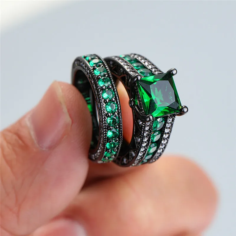 

Luxury Female Green Square Ring Set Vintage Black Gold Bridal Wedding Rings For Women Promise Love Solitaire Engagement Ring