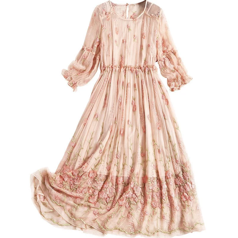 

Women real silk dress spring summer 2021 elegant a-line 3/4 sleeve chiffon designer luxury floral embroidery dresses plus size
