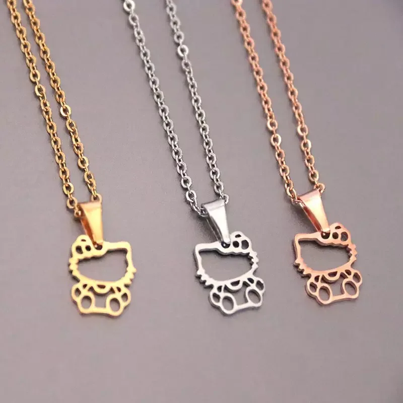 

1pc Fashion Stainless Steel Necklace,Cute Hollowed Kitty Cat Pendant Earring Set Kids Girl Chokers Statement Necklace Lucky Girl