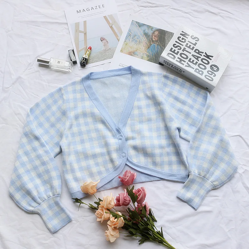 Кроп-Топ женский в клетку с V-образным вырезом и рукавами-фонариками |