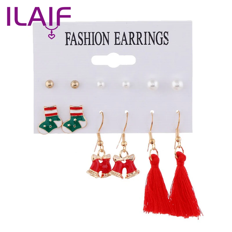 

Ladies Earrings Winter Pearl Tassel Christmas Earring Set Fashion Snowflake Tree Alloy Earrings Female Children Christmas Gift