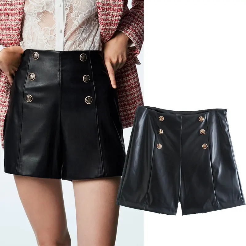 

Шорты-бермуды Za женские из искусственной кожи, модные повседневные черные свободные короткие штаны с завышенной талией, на пуговицах, осень...