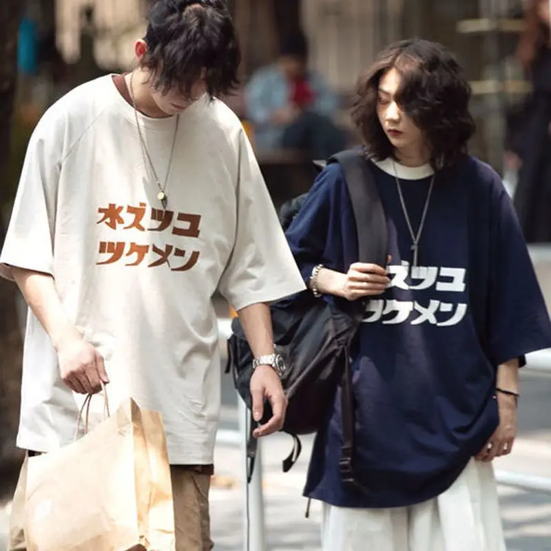 

Pure Cotton Oversized Short-sleeved Men's Simple All-match T-shirt Loose Japanese Printing Harajuku Style Top Five-point Sleeves