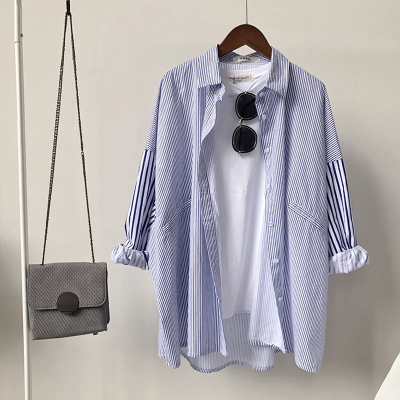 Для женщин рубашка в полоску для девочек Блуза Футболка с длинными рукавами