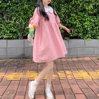 korean sweet loose thin short sleeve dress girls lace up doll collar long skirt 2020 summer renaissance lolita dress
