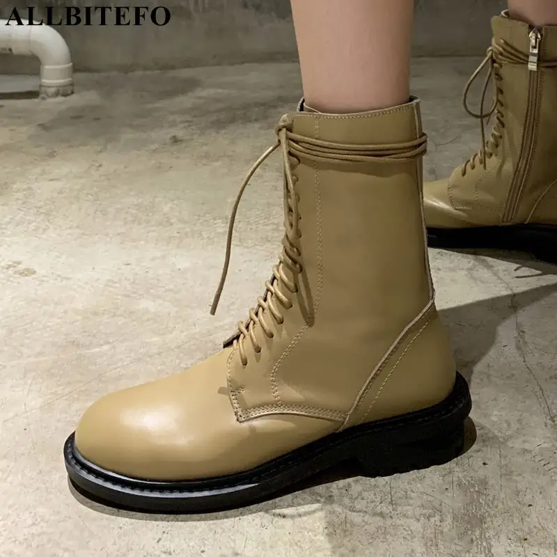 

ALLBITEFO Lcae-up Design Genuine Leather Ankle Boots Round Toe Thick Heel Non-Slip High Heel Boots Shoes Autumn Women Boots