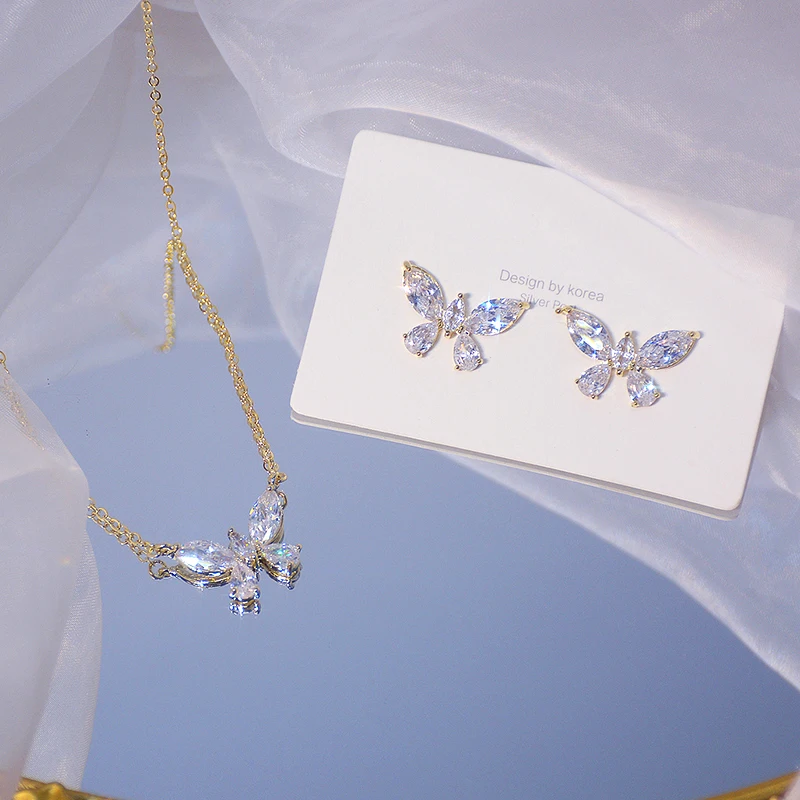 

Romantic Charm 14k Real Gold Crystal Butterfly Earrings and Necklace Set for Women S925 Silver Needle Stud Jewelry Zirconia Gift