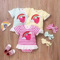 summer baby bodysuit 2 pcs lace striped love rainbow short sleeve baby rompersbow headband casual sweet baby clothes 0 18m