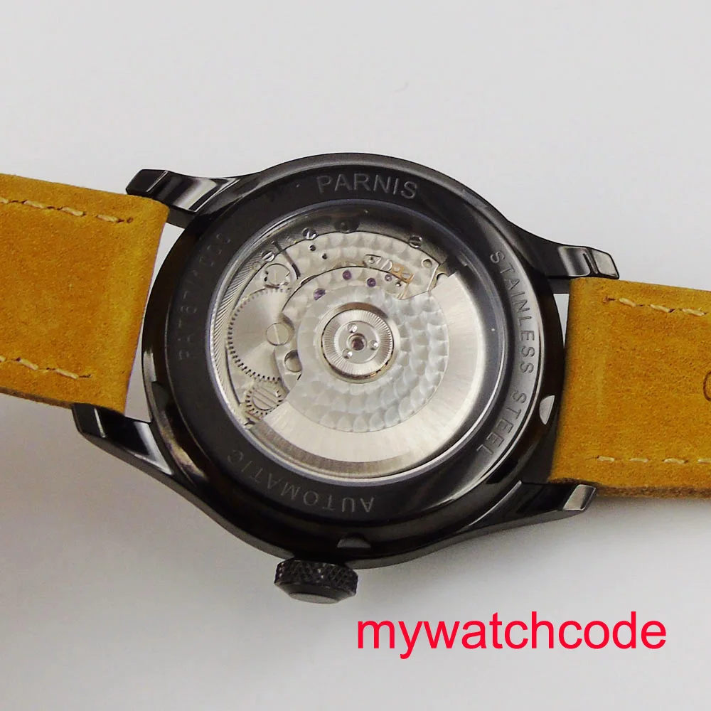 43 мм Parnis белый циферблат желтый кожаный ремешок индикатор запаса мощности ST2842