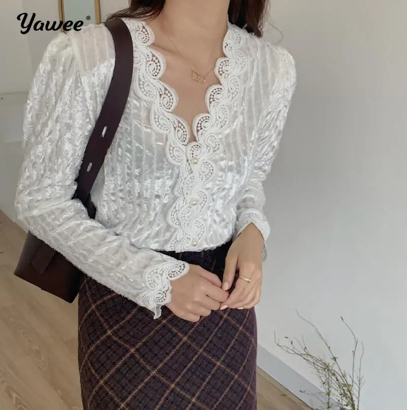 

V Neck Lace Patchwork Elegant Blouse Women Pullover Long Sleeve Slim Blusas Spring 2021 New blusas Shirt Feminino