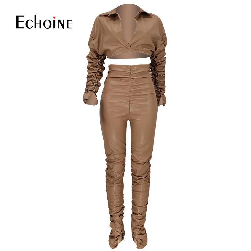 

Echoine Autumn Winter Women Trendy PU Leather Two Pieces Sets Sexy Deep V-Neck Pleated Sleeve Crop Tops High Waist Draped Side