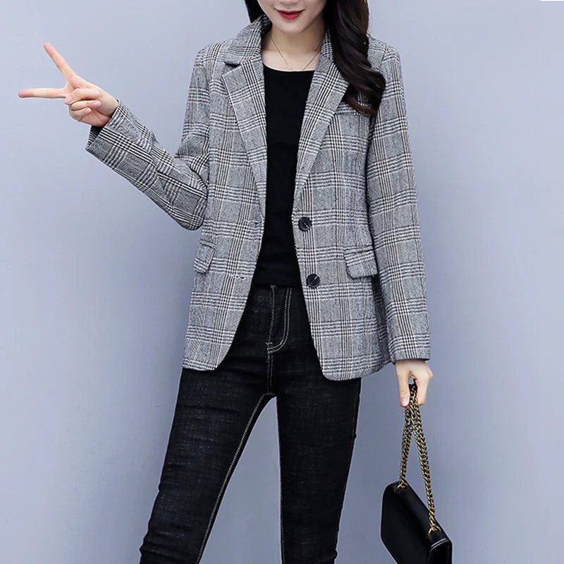 Fashion Fall Women Plaid Blazer Jackets Work Office Ladies Suit Vintage Single Breasted Pockets Business Female Blazer Coat New