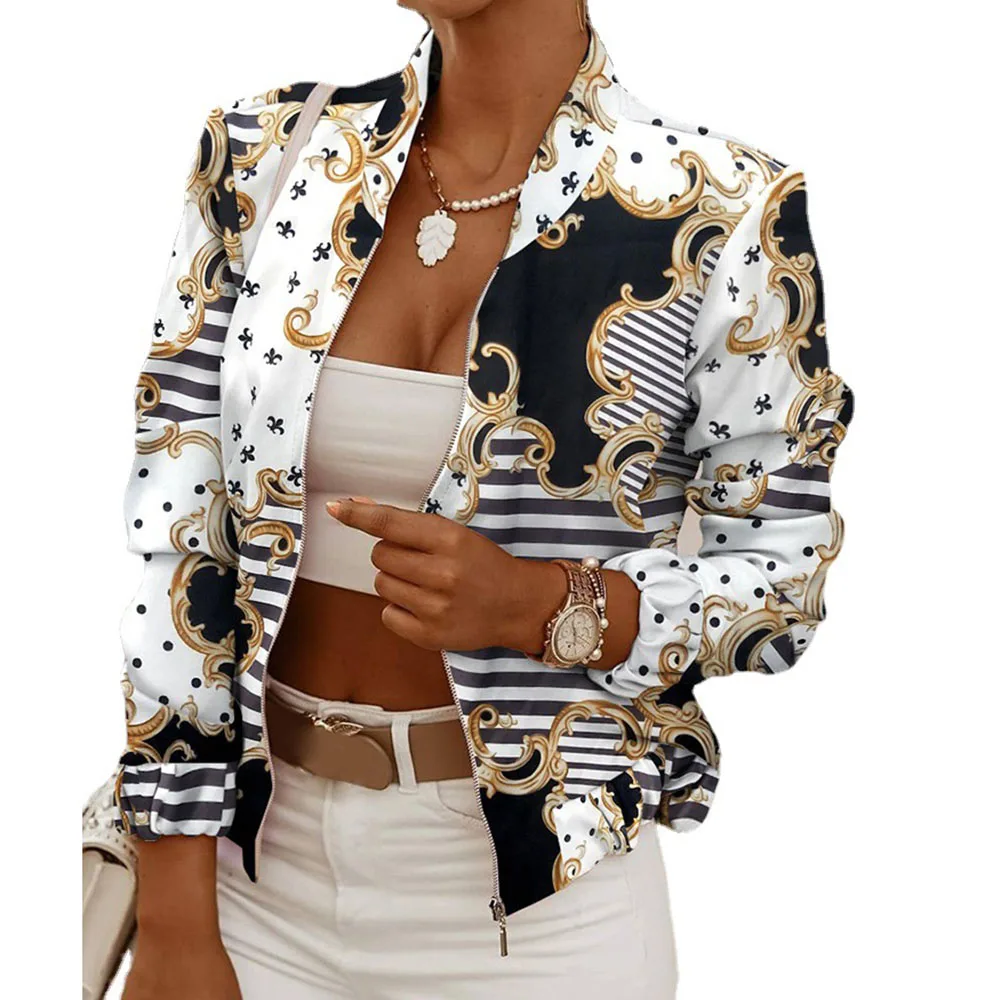 

Spring And Autumn Women's Thin Jacket Jacket Retro Printing Long-sleeved Zipper Jacket Women's Casual Short coat Bomber Jacket