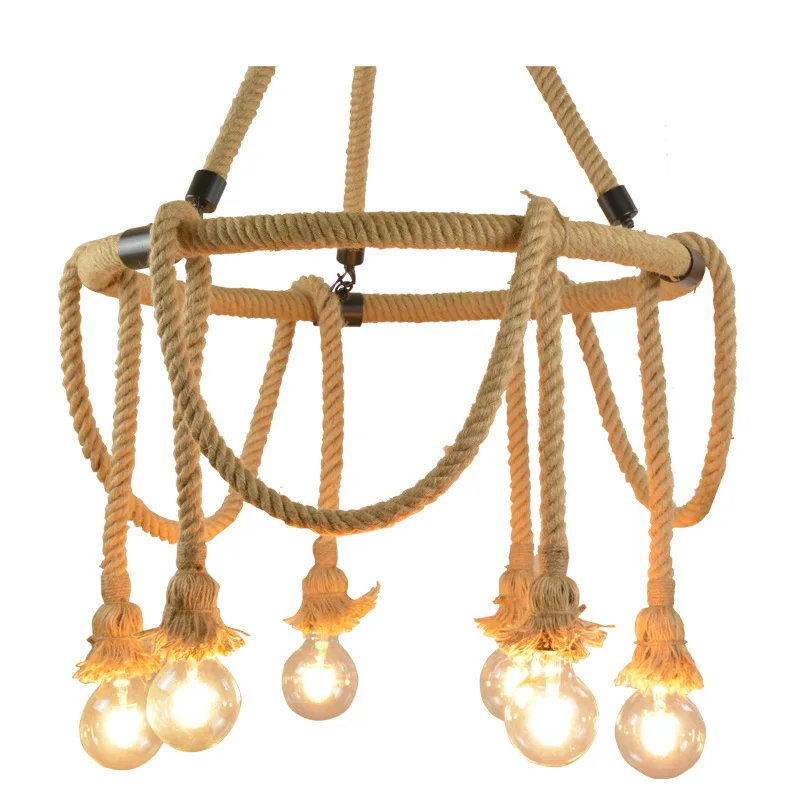 Vintage Retro 6 Head Rope Cord Round Pendant Lamp E27 Edison Bulb Decor Hanging Lighting Fixture For Living Room Restaurant | Лампы и