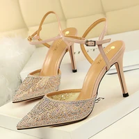 korean style fashion sexy shoes fine with high heels shallow mouth pointed mesh cut out rhinestone sandals with the word