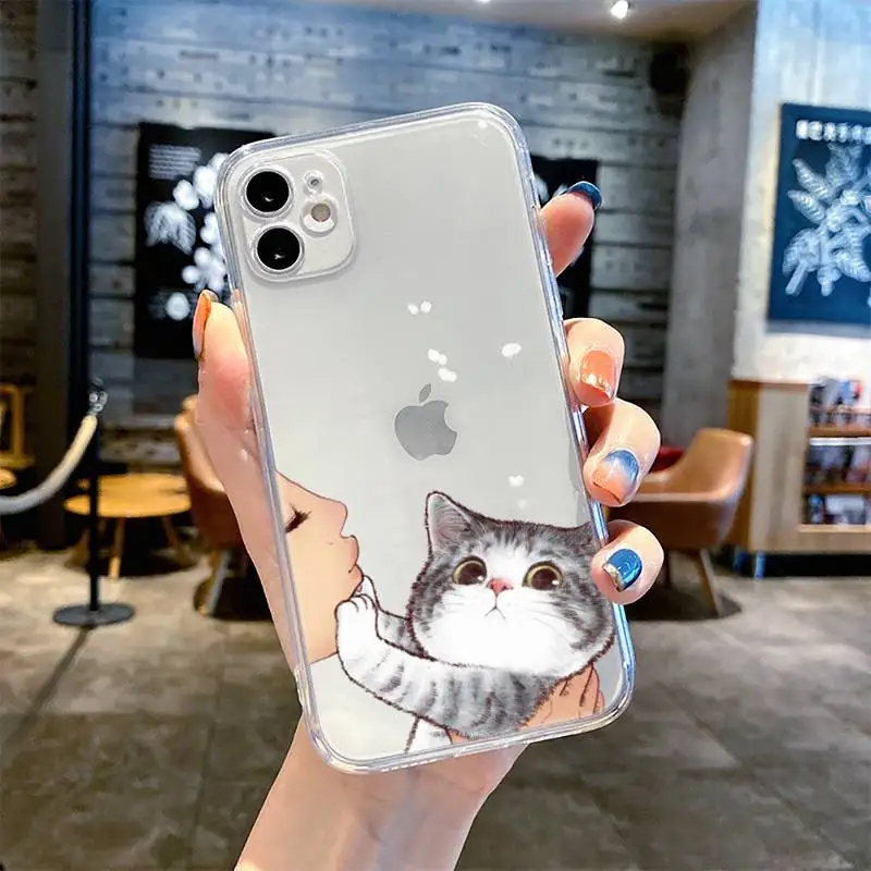 Cat Rejects Owner Kiss Funny Cute Phone Case For iphone 13 12 11 8 7 plus mini x xs xr pro max Transparent soft Clear bag Cover