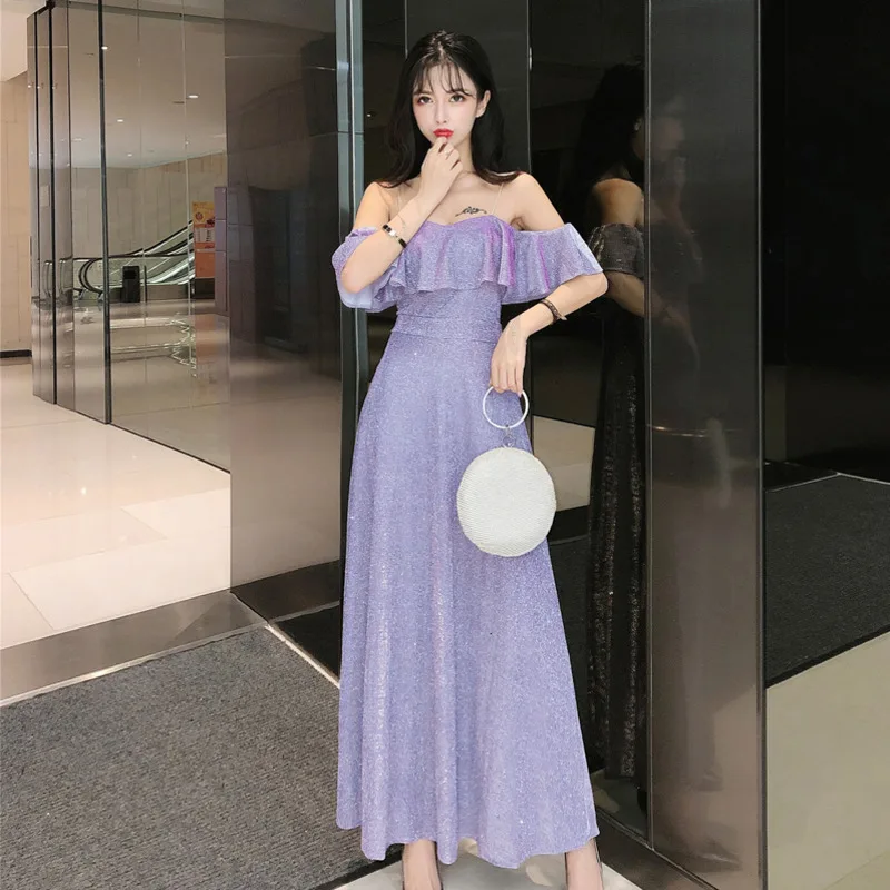 

Женское винтажное платье с открытыми плечами, фиолетовое элегантное вечернее платье макси в Корейском стиле, повседневная одежда для вечер...