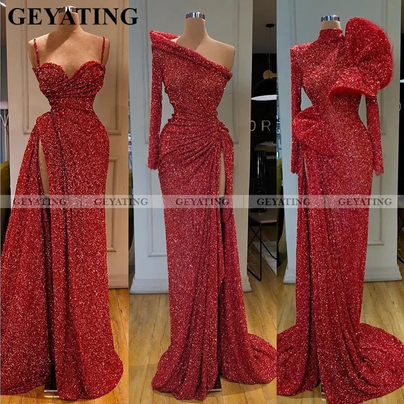 Арабские Длинные красные вечерние платья русалки с блестками длинные рукава