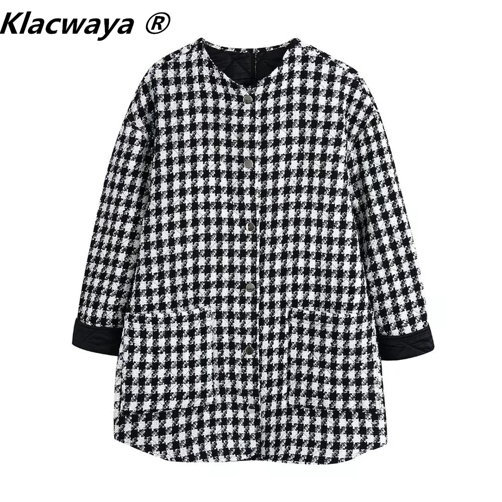 

Klacwaya Tweed Jacket For Women 2021 Winter Jackets Vintage Woman Clothes O-Neck Plaid Jacket Pockets Casual Padded Coats