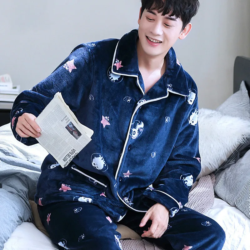 

H5906 Cute Cartoon Pajamas Men Thick Coral Velvet Autumn Winter Sleepwear Suit Home Wear Male Long Sleeve Lapel Warm Nightwear