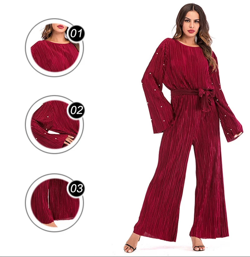 

Muslim Pleated Rompers Women Dubai Turkey Beaded Lace-up Abaya Hijab Sets Jumpsuit wide leg pants Kaftan Islam Islamic Clothing