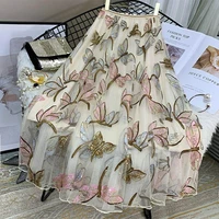 high quality sequins embroidery dragonfly two layer mesh pleated skirt women 2021 summer high waist long skirts womens elegant