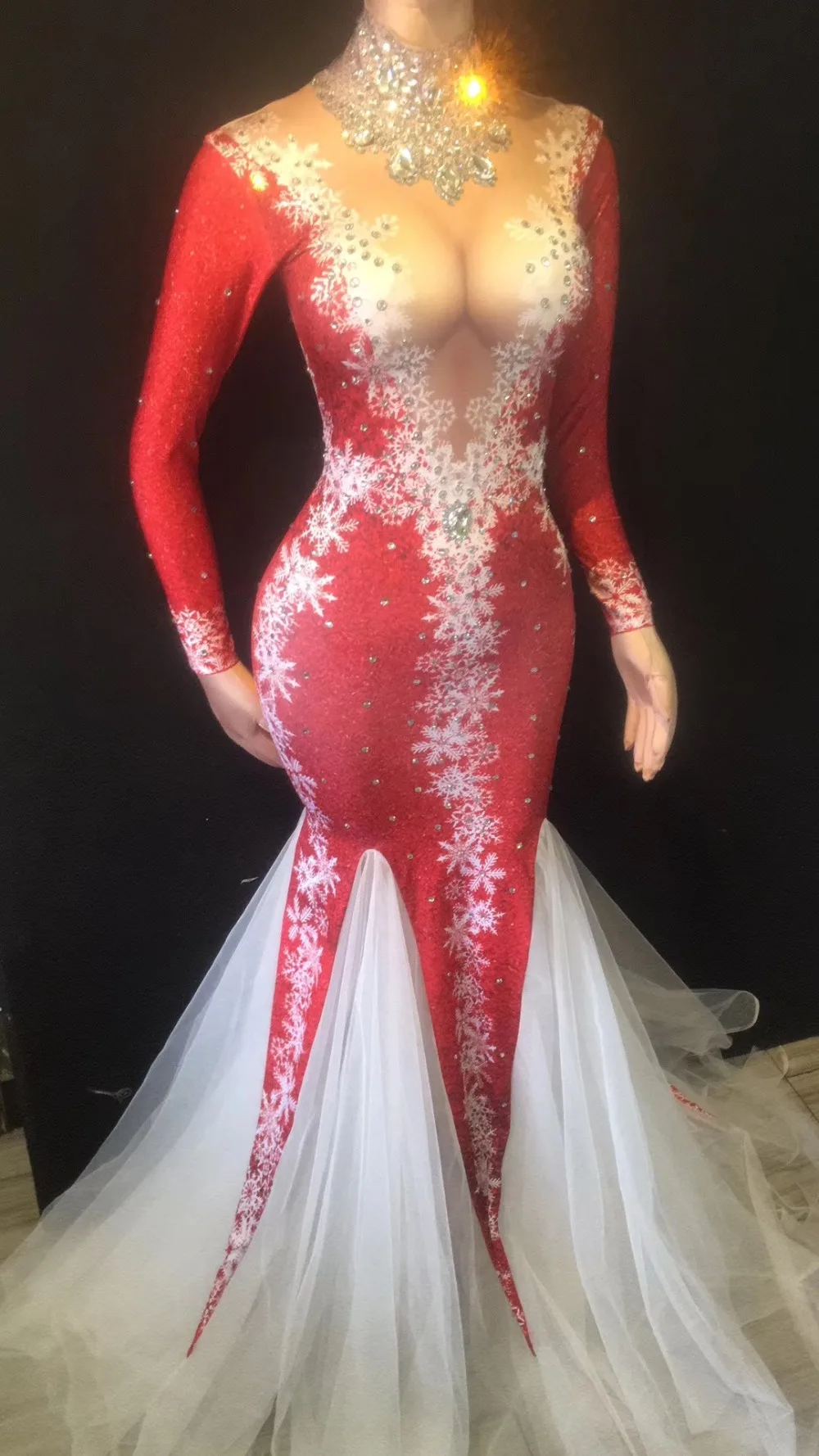 

New Women Summer Red Diamond Chiffon Patchwork High Quality Maxi Long Dress 2021 Party Celebrate Singer Dance Stage Costume