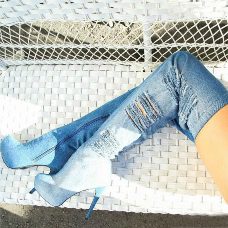 Winter Boots Women Blue Cowboy Sexy Cut-out Shoes Platform High Heels Thigh Denim Stretch | Обувь