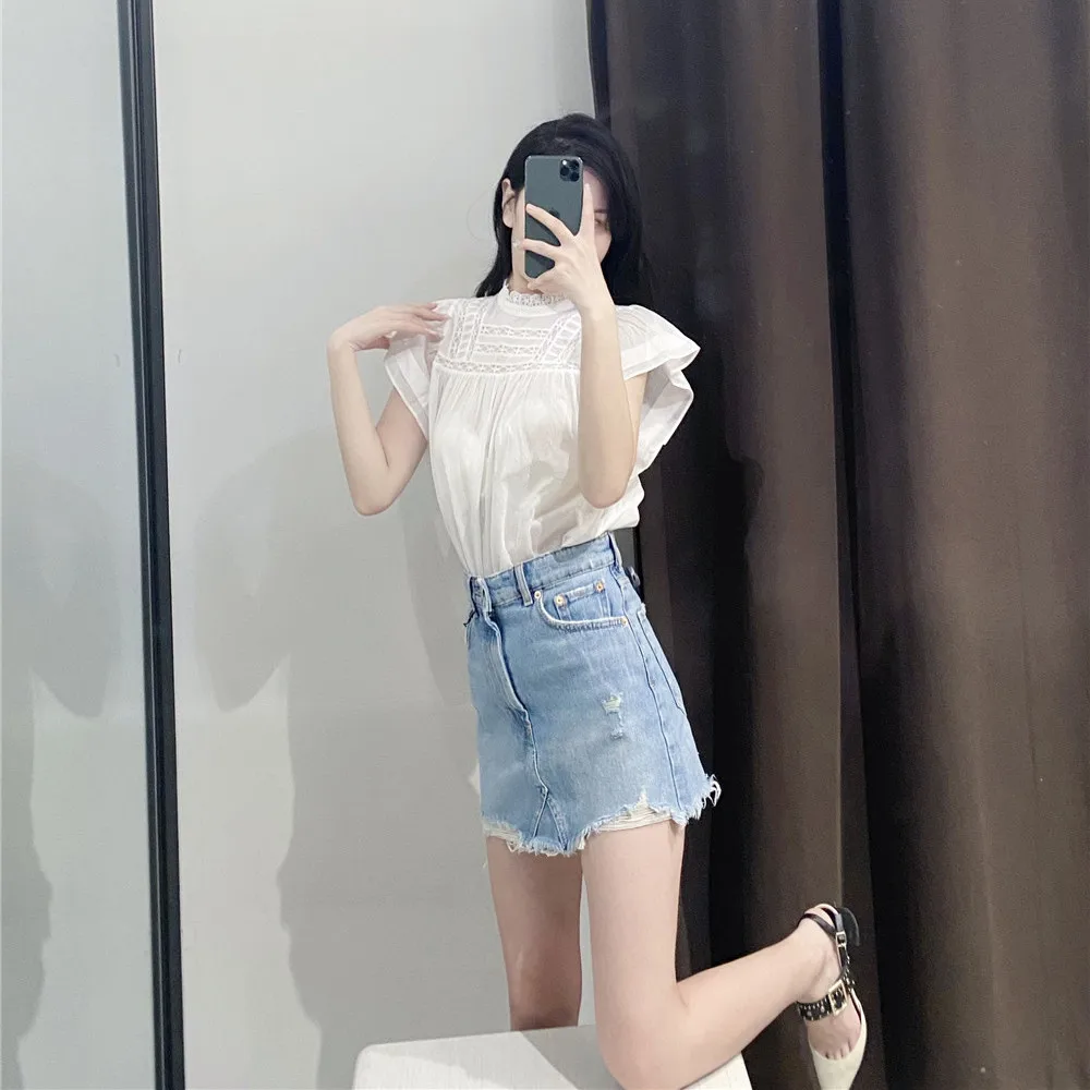 

Alifus Za shirt retro round neck lace ruffled through-hole embroidery tops ladies casual stylish chic retro loose shirt female