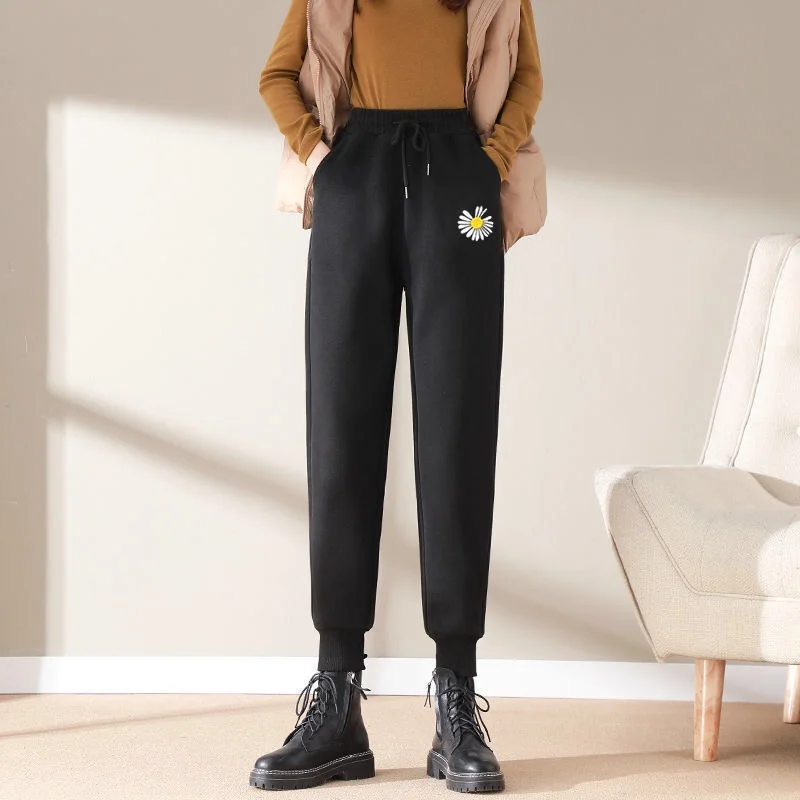 

Черные уличные брюки-шаровары с эластичной талией, женские повседневные свободные длинные брюки в Корейском стиле с цветочным принтом на в...