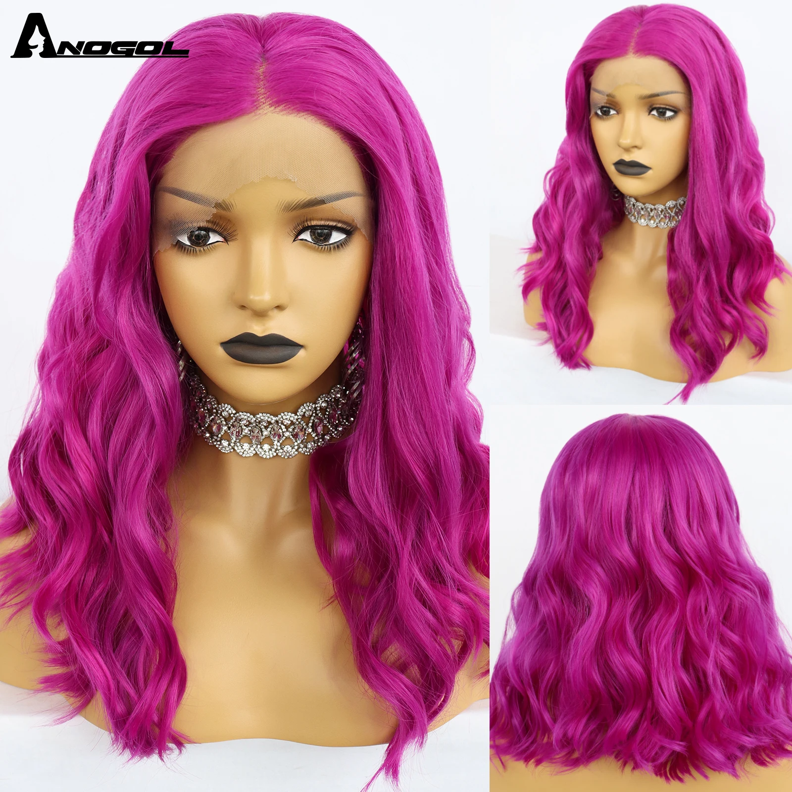 ANOGOL 13x4 Purple Lace Front Wigs 18Inch Bright Berry Fuchsia Natural Medium Hair Heat Resiastant Synthetic Wavy Wig for Women