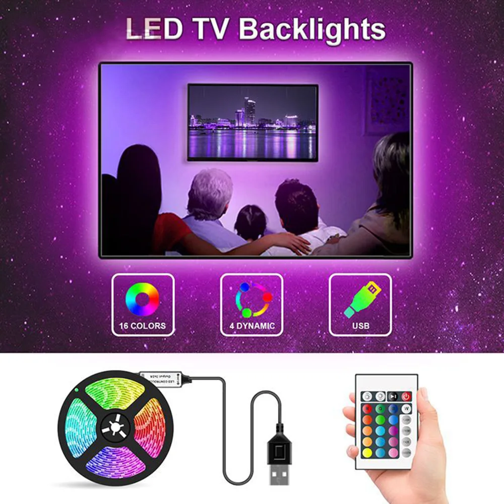 Светодиодная лента 24 ключа постоянного тока 5 В с питанием от USB 1 м-5 м RGB цвет 5050 Светодиодная лента подсветка ТВ+ ИК пульт дистанционного управления IP65 водонепроницаемый смарт