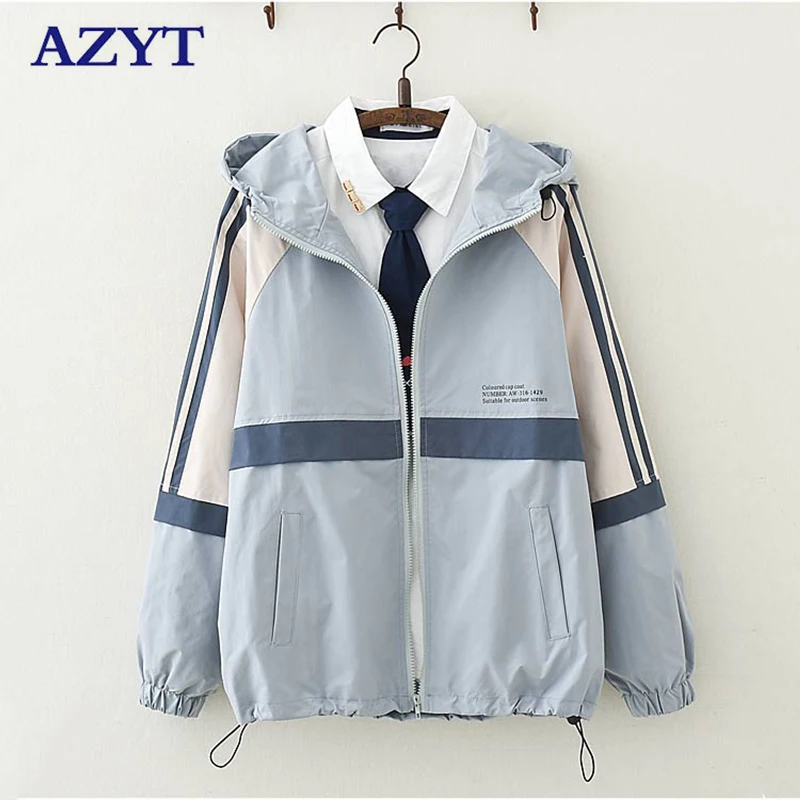 

AZYT Korean Loose Hooded Jacket Female 2021 Autumn Loose Zipper Women Basic Jacket Fashion Patchwork Coat Female
