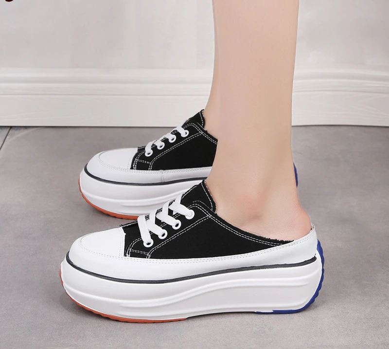 

Summer new half slippers Baotou without heel inside increase women's sneakers outdoor canvas walking shoes woman Female N2-03