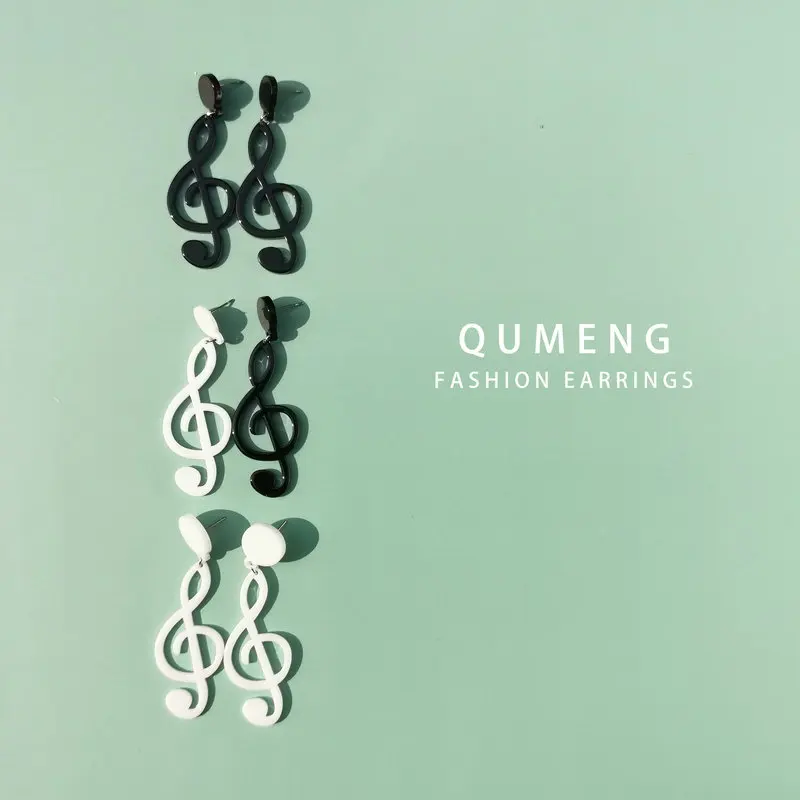 

QUMENG Personality Music Notes Earrings Black White Acrylic Earrings Women Vintage Jewelry Factory Direct Sale