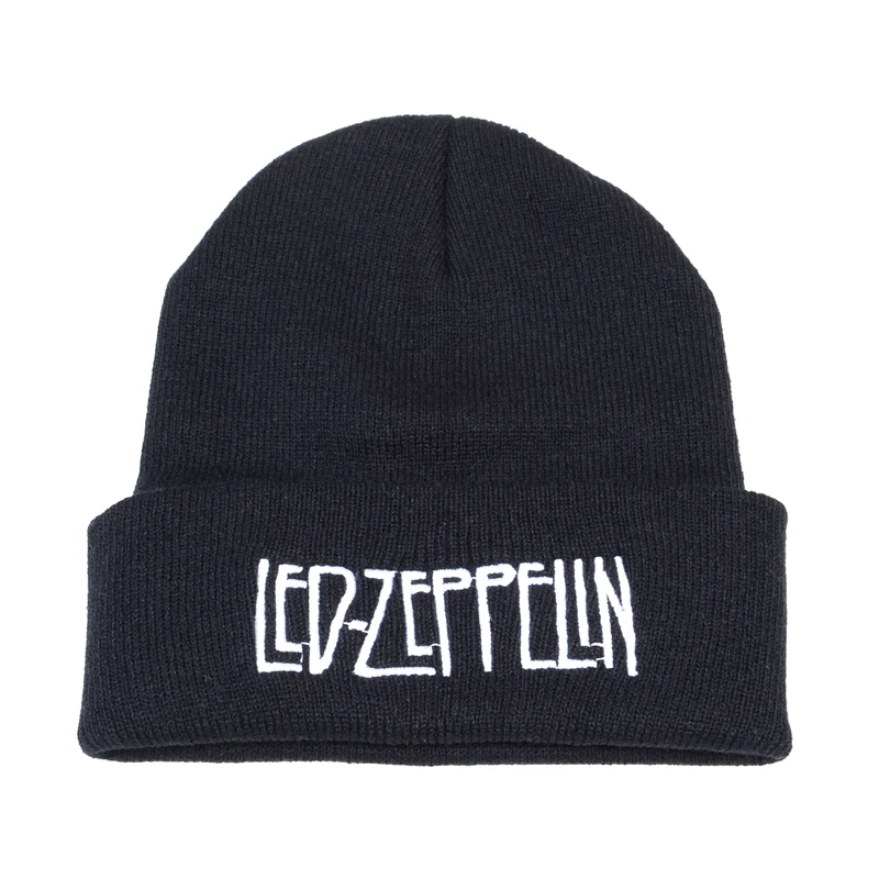 Led zeppelin band rock вязаная шапка мужская хип-хоп народная рок шапочка Женская Панк письмо вышивка зимняя теплая шапка хип-хоп - Цвет: Черный