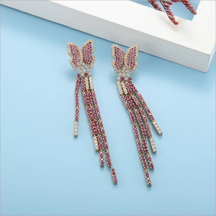 

Women Butterfly tassel long earrings fashion micro inlaid earrings