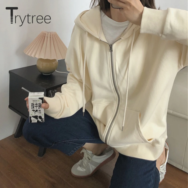 

Trytree Autumn Women's Hoodies Sweatshirts Jacket Casual Harajuku Cardigan Zip-up Solid Cotton Blended Loose Oversized Hood Coat