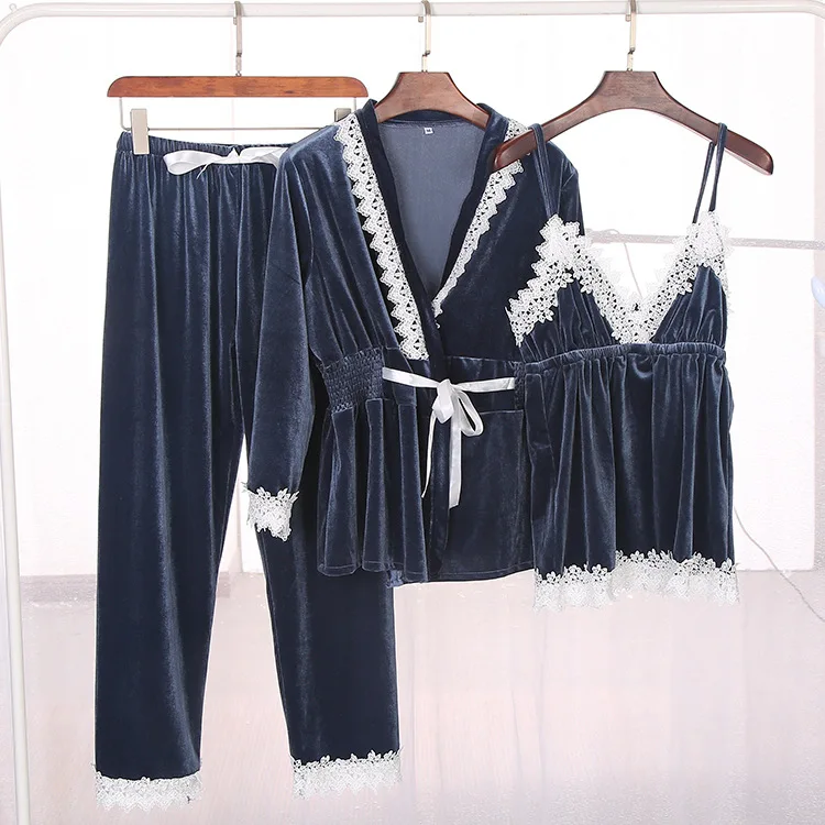 Велюровый кружевной комплект для сна женщин 3 шт. ночная рубашка с V образным