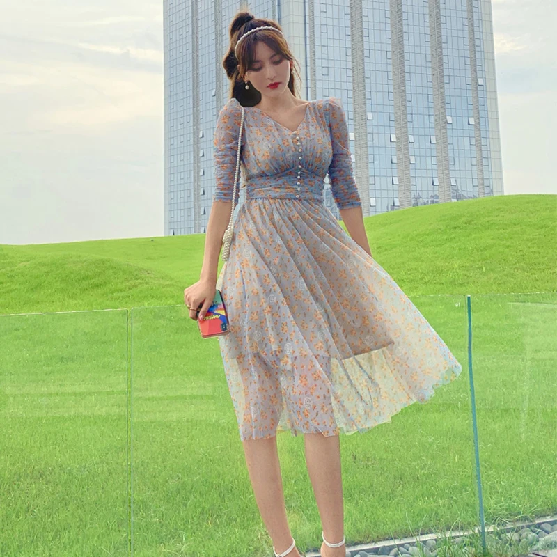 

new arrival fashion spring midi beach women OL temperament elegant chiffon flower print perspective pearl slim holiday dress