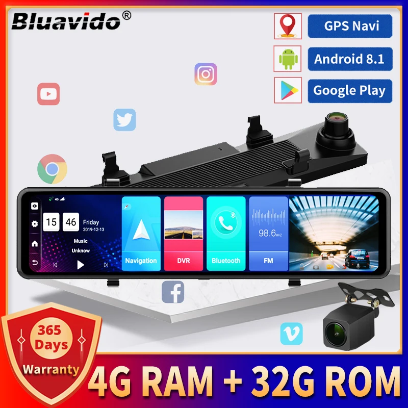 $116.35 Bluavido 12 Inch Car Mirror Android 8.1 DVR Dash Camera 1080P Dual Lens WiFi GPS Navigation ADAS Remote Auto Video Surveillance