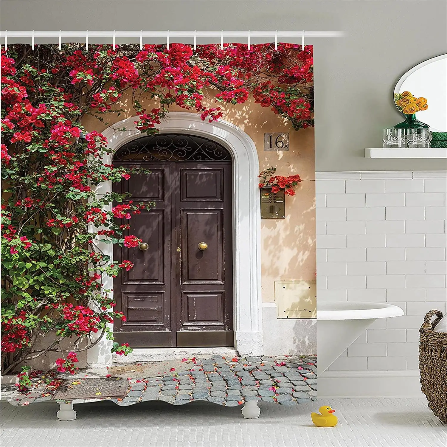 

Spring Retro Street Scenery Shower Curtain Old Wooden Door Natural Flowers European Medieval Cloth Bathroom Decor Set with Hooks