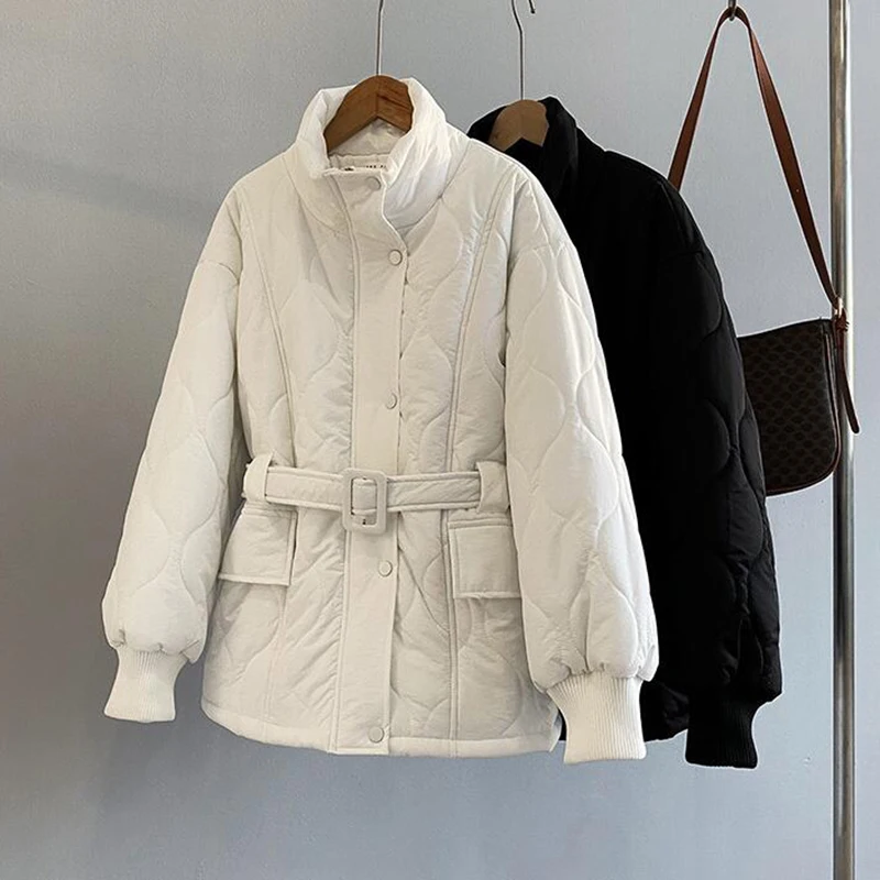 

Spring Autumn 2021 Casual Tie Belt Parkas Jacket Women Korean Fashion Stand Collar Coats Women Warm Cotton-Padded Jackets Female