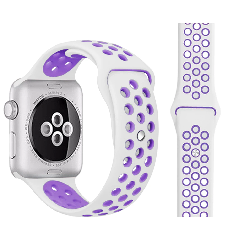 Модный спортивный силиконовый ремешок для часов apple watch 42 мм, 38 мм, 40 мм, 44 мм, браслет Nike+ Iwatch series 5/4/3/2/1 - Цвет ремешка: White with purple